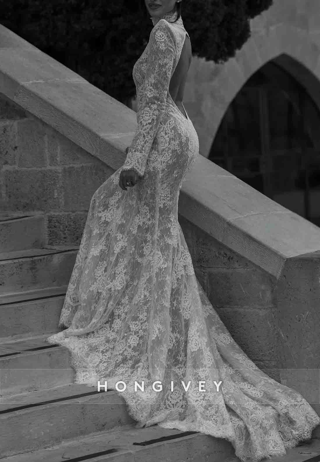 Long Sleeves Lace Trumpet Open Back Court Train High Neck Wedding Dresses