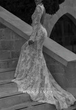 Long Sleeves Lace Trumpet Open Back Court Train High Neck Wedding Dresses