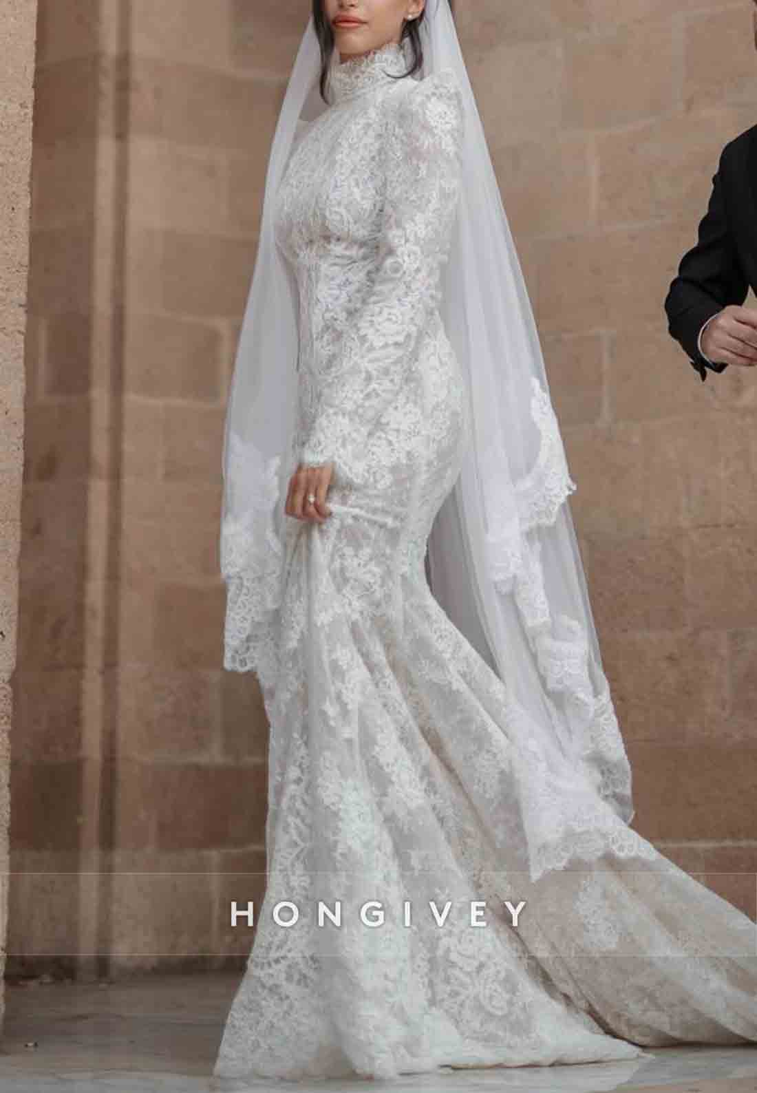 Long Sleeves Lace Trumpet Open Back Court Train High Neck Wedding Dresses