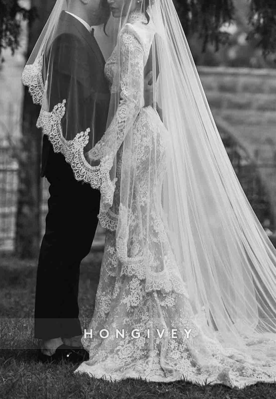 Long Sleeves Lace Trumpet Open Back Court Train High Neck Wedding Dresses