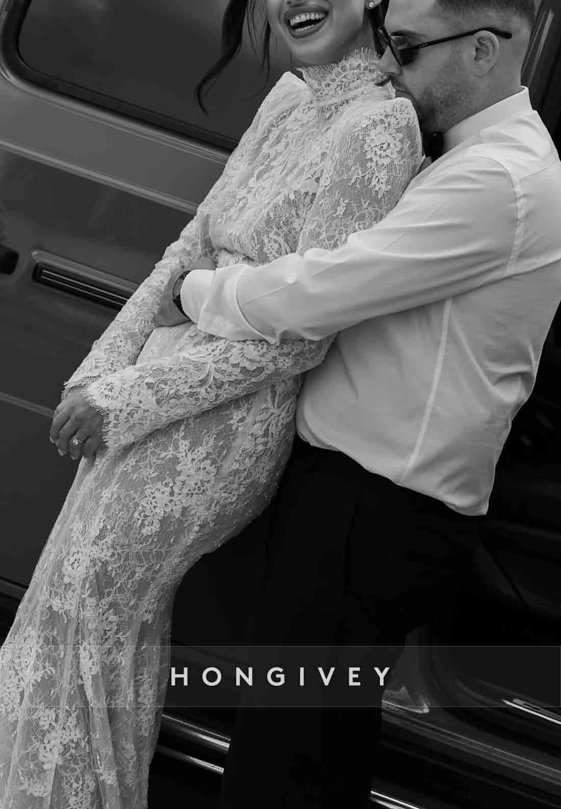 Long Sleeves Lace Trumpet Open Back Court Train High Neck Wedding Dresses