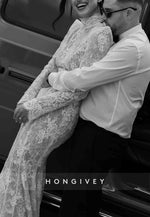 Long Sleeves Lace Trumpet Open Back Court Train High Neck Wedding Dresses