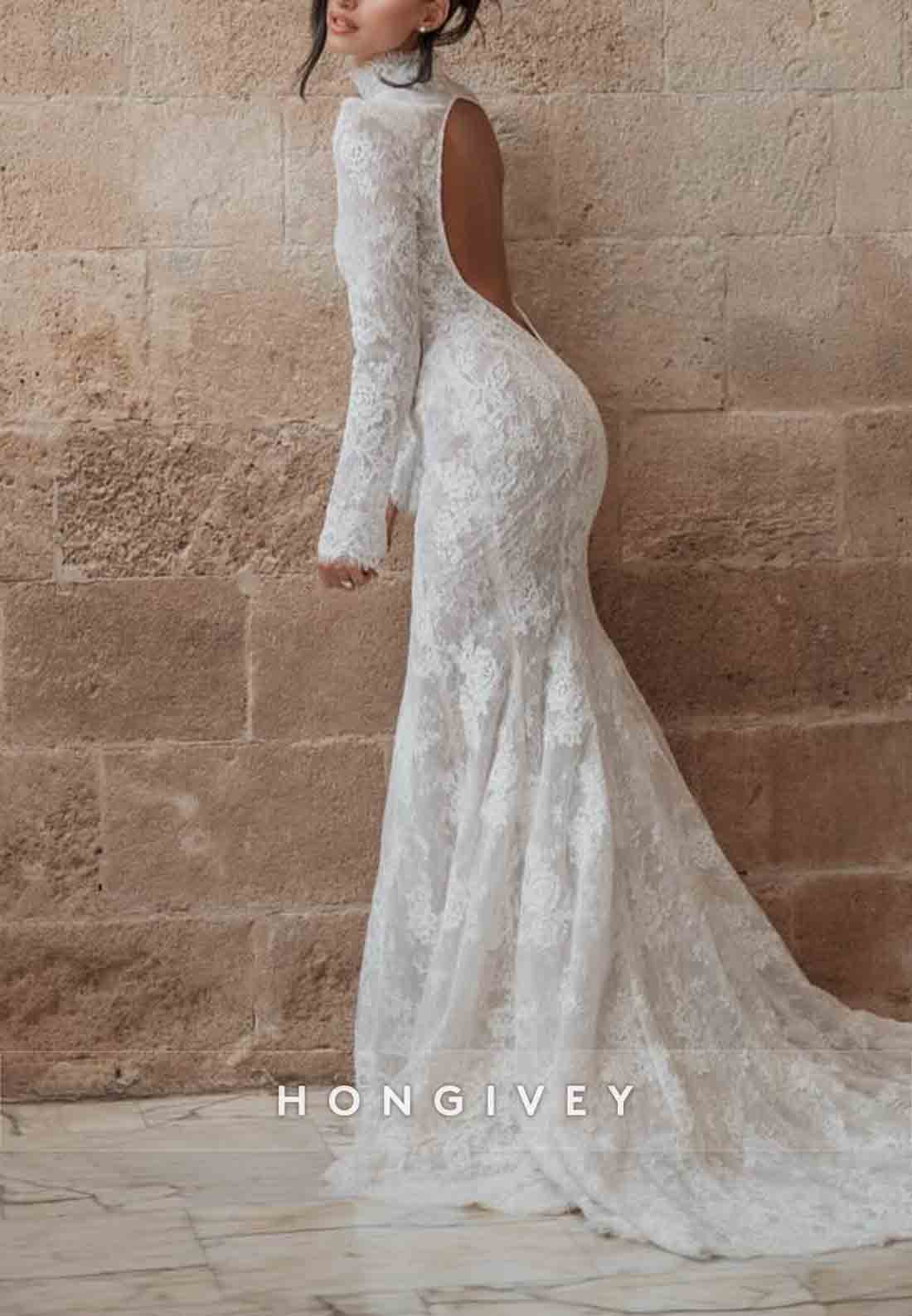 Long Sleeves Lace Trumpet Open Back Court Train High Neck Wedding Dresses