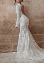 Long Sleeves Lace Trumpet Open Back Court Train High Neck Wedding Dresses