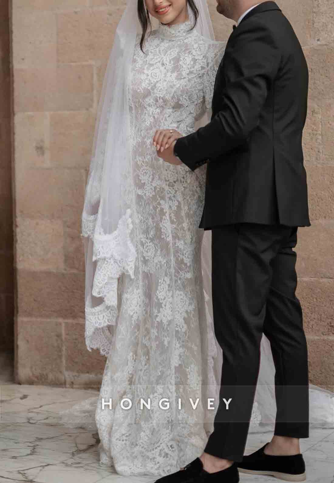 Long Sleeves Lace Trumpet Open Back Court Train High Neck Wedding Dresses