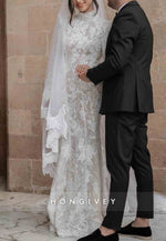 Long Sleeves Lace Trumpet Open Back Court Train High Neck Wedding Dresses