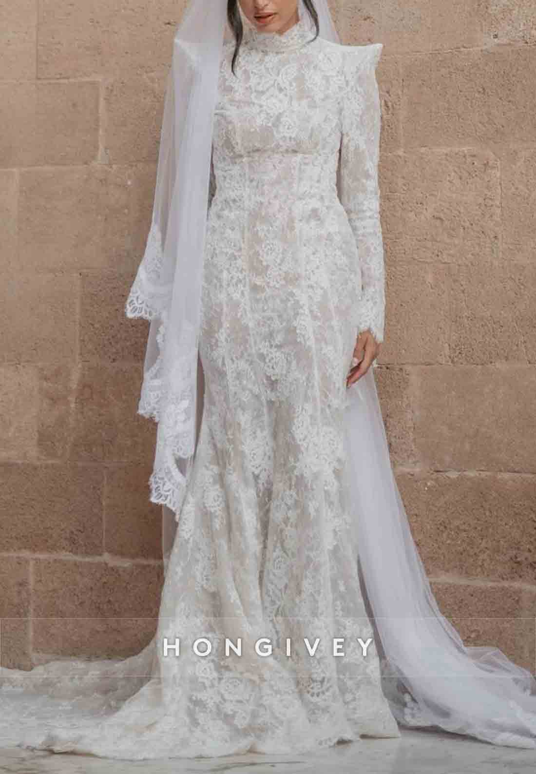 Long Sleeves Lace Trumpet Open Back Court Train High Neck Wedding Dresses