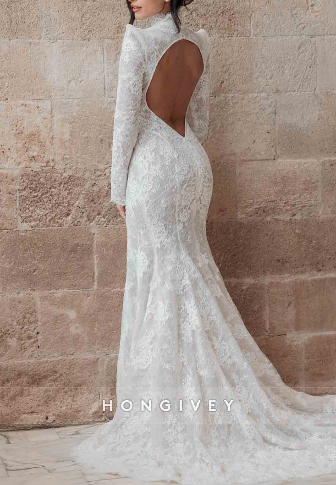 Long Sleeves Lace Trumpet Open Back Court Train High Neck Wedding Dresses