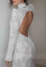 Long Sleeves Lace Trumpet Open Back Court Train High Neck Wedding Dresses