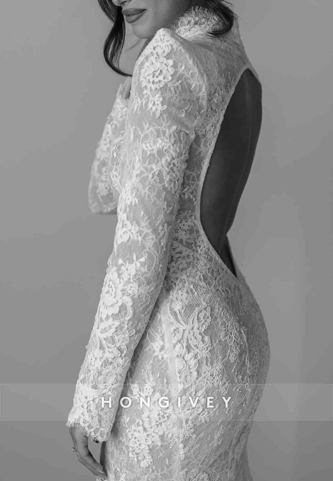 Long Sleeves Lace Trumpet Open Back Court Train High Neck Wedding Dresses