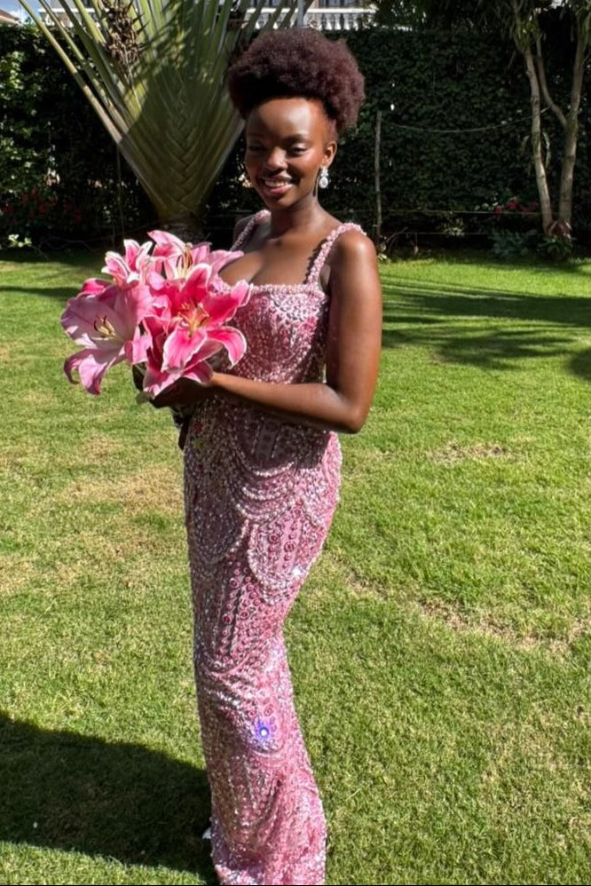 Spaghetti Strap Sleeveless Beaded Sparkle Mermaid Prom Dress for Black Girl