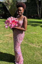 Spaghetti Strap Sleeveless Beaded Sparkle Mermaid Prom Dress for Black Girl