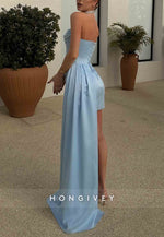 Sky Blue Strapless Side Draping Pleated Sheath Homecoming Dresses with Pearls