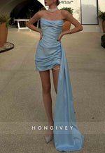 Sky Blue Strapless Side Draping Pleated Sheath Homecoming Dresses with Pearls