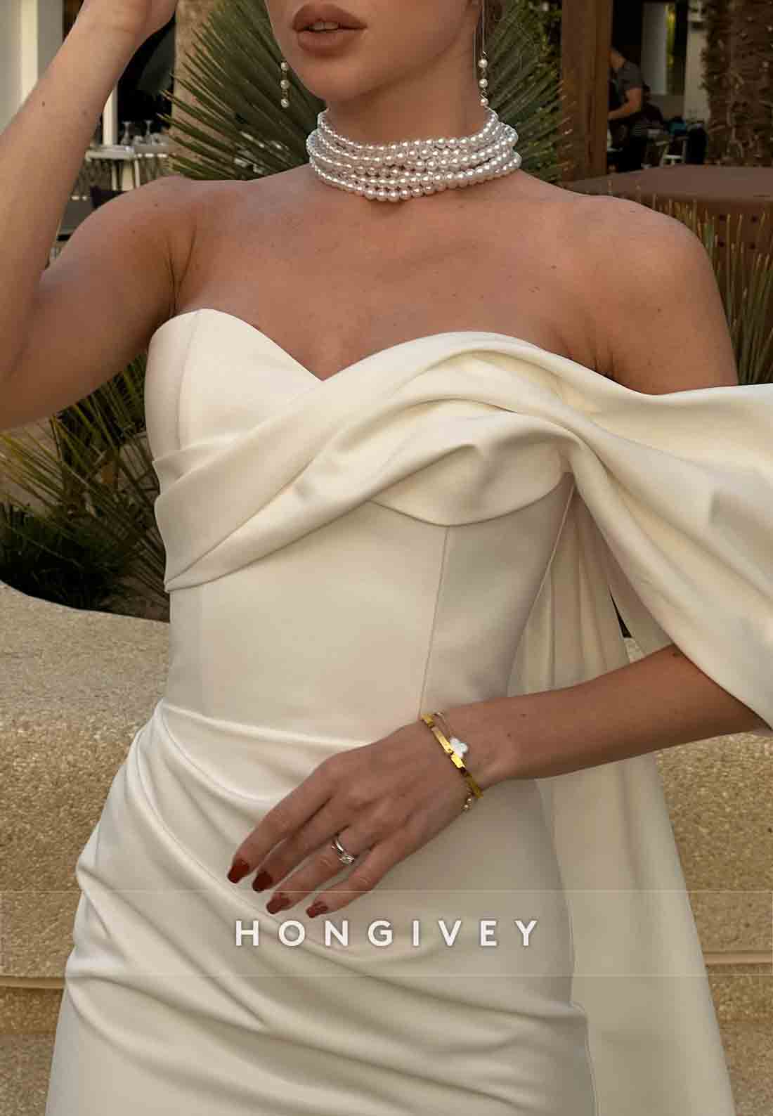 Side Draping Sweetheart Satin Sheath Off the Shoulder Tie Back Short Wedding Dresses