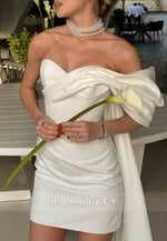 Side Draping Sweetheart Satin Sheath Off the Shoulder Tie Back Short Wedding Dresses