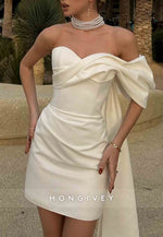 Side Draping Sweetheart Satin Sheath Off the Shoulder Tie Back Short Wedding Dresses