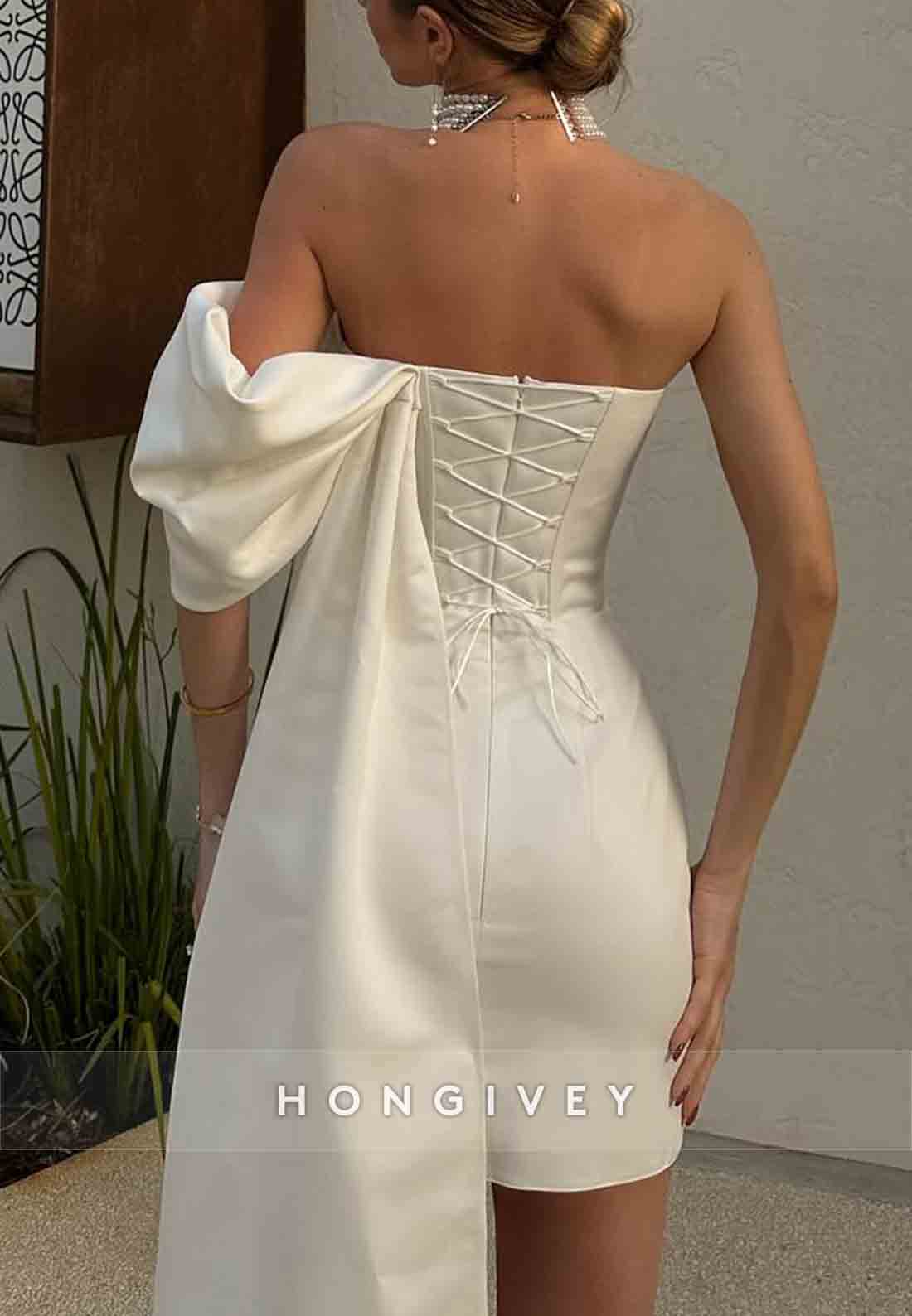 Side Draping Sweetheart Satin Sheath Off the Shoulder Tie Back Short Wedding Dresses