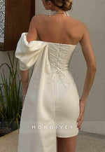 Side Draping Sweetheart Satin Sheath Off the Shoulder Tie Back Short Wedding Dresses