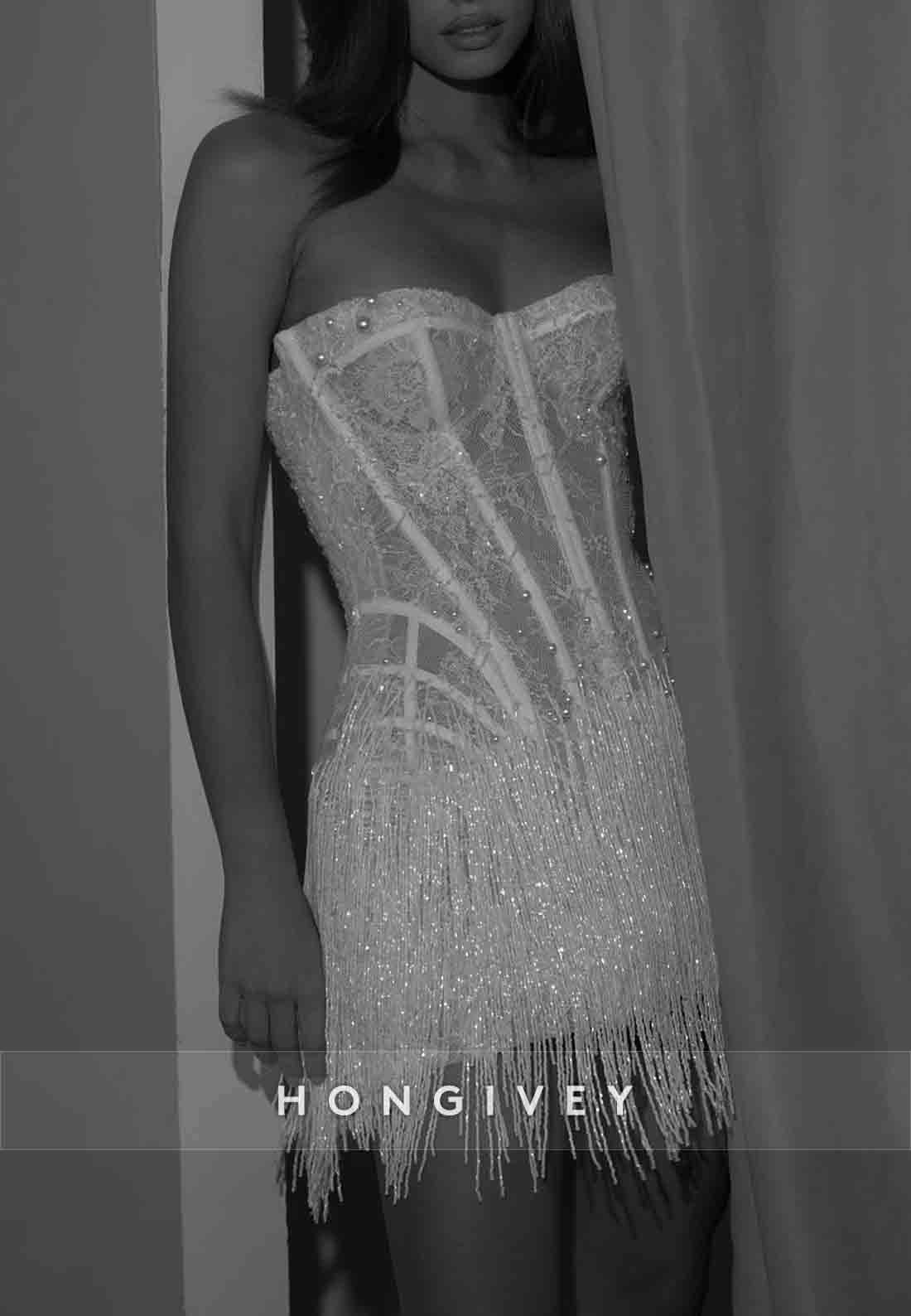 Sparkly White Strapless Lace A-Line Mini Wedding Dresses with Tassel