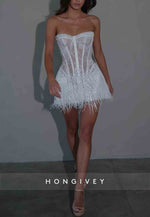 Sparkly White Strapless Lace A-Line Mini Wedding Dresses with Tassel