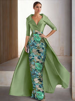 Sparkle Sequins Floral Print Flowers 3/4 Sleeve Mermaid Evening Dress