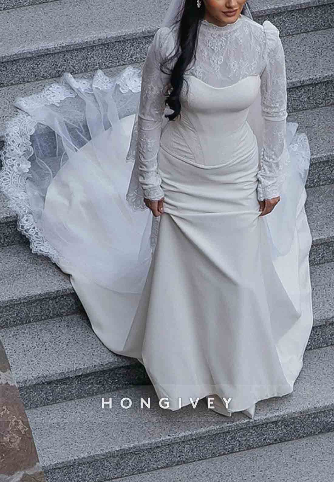 Long Sleeves High Neck Lace Court Train Trumpet Wedding Dresses