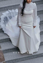 Long Sleeves High Neck Lace Court Train Trumpet Wedding Dresses