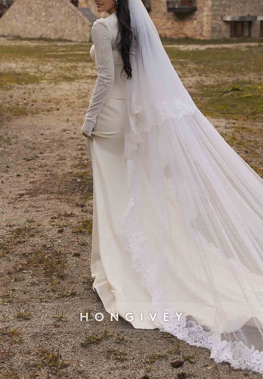 Long Sleeves High Neck Lace Court Train Trumpet Wedding Dresses