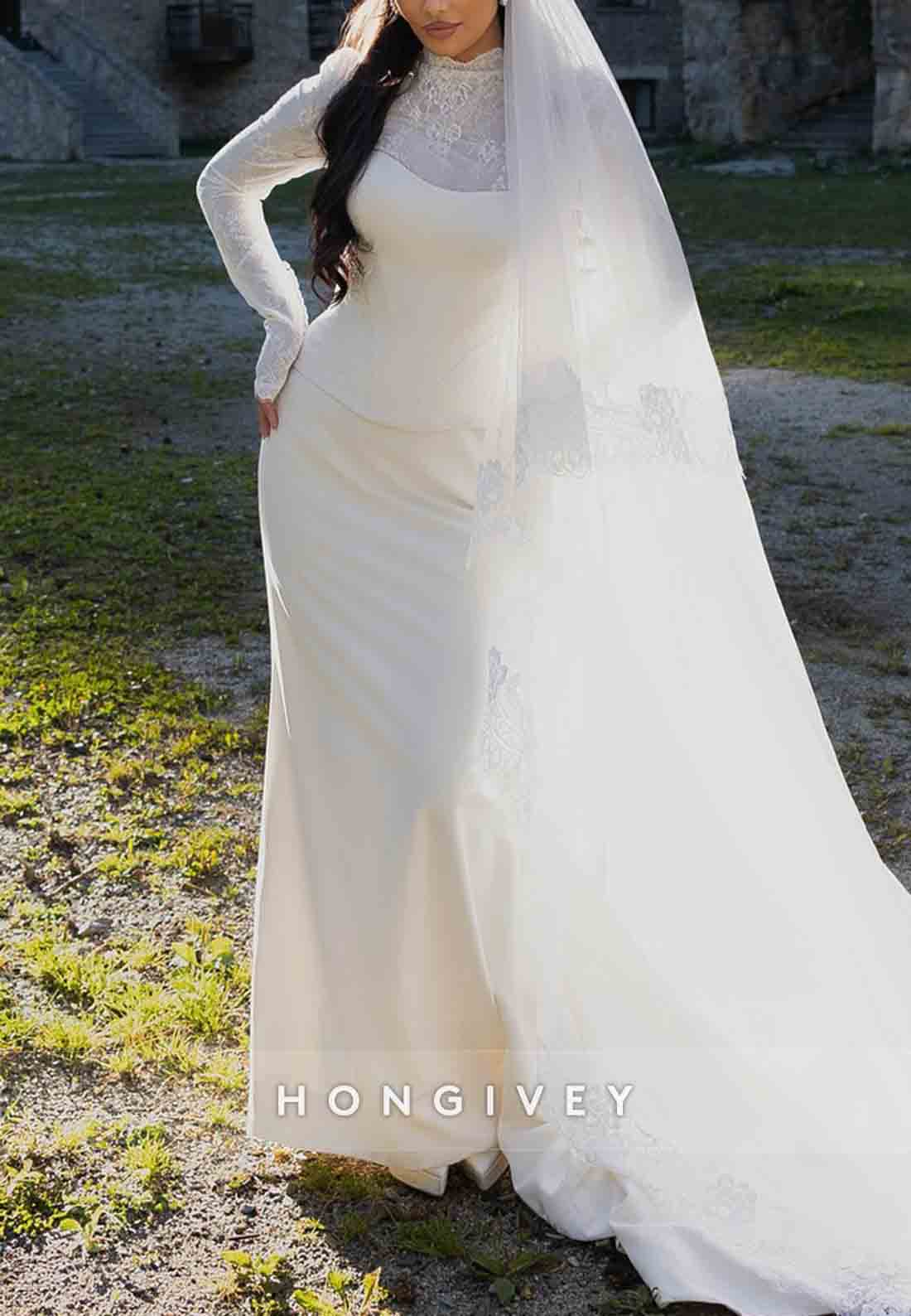 Long Sleeves High Neck Lace Court Train Trumpet Wedding Dresses