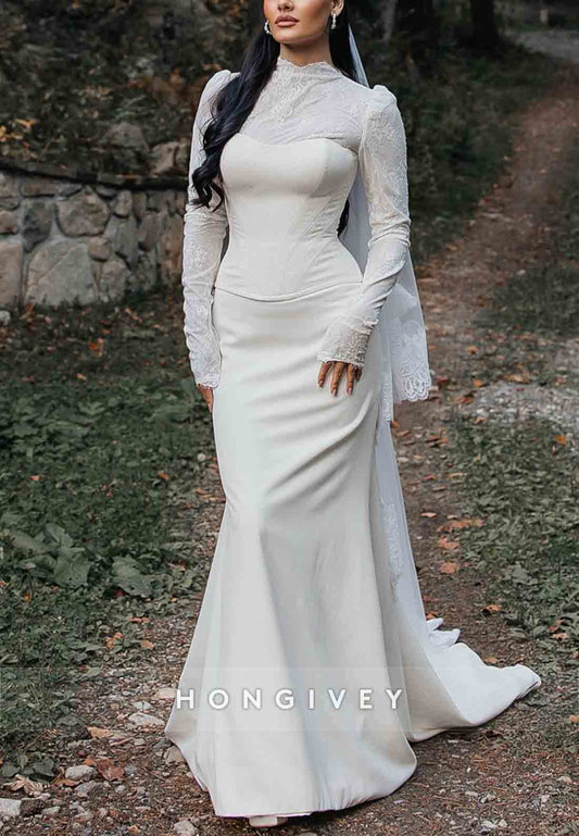 Long Sleeves High Neck Lace Court Train Trumpet Wedding Dresses