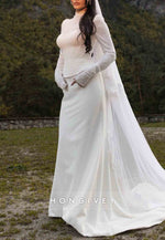 Long Sleeves High Neck Lace Court Train Trumpet Wedding Dresses
