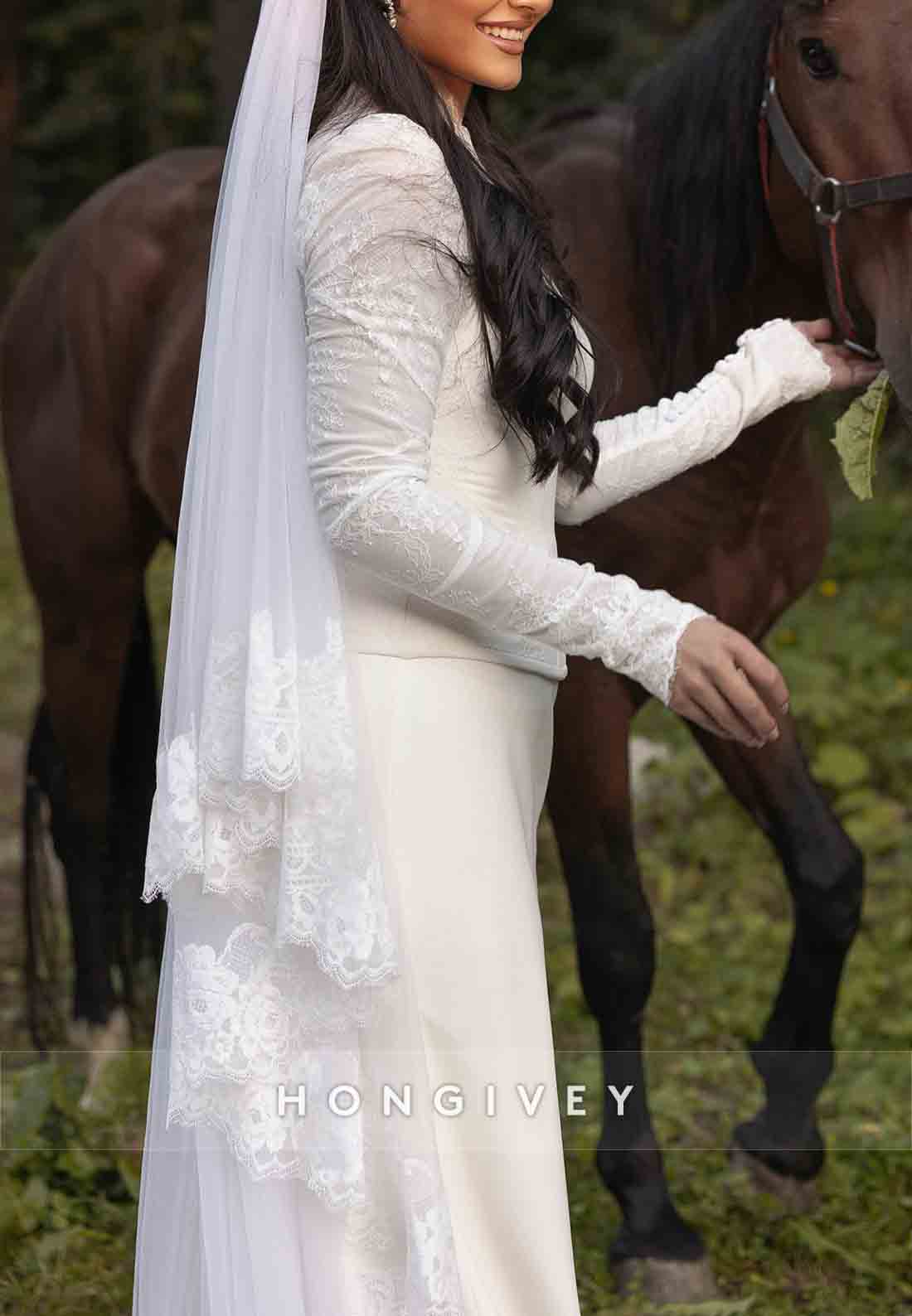 Long Sleeves High Neck Lace Court Train Trumpet Wedding Dresses