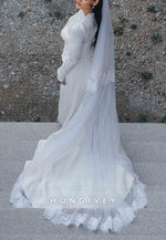 Long Sleeves High Neck Lace Court Train Trumpet Wedding Dresses