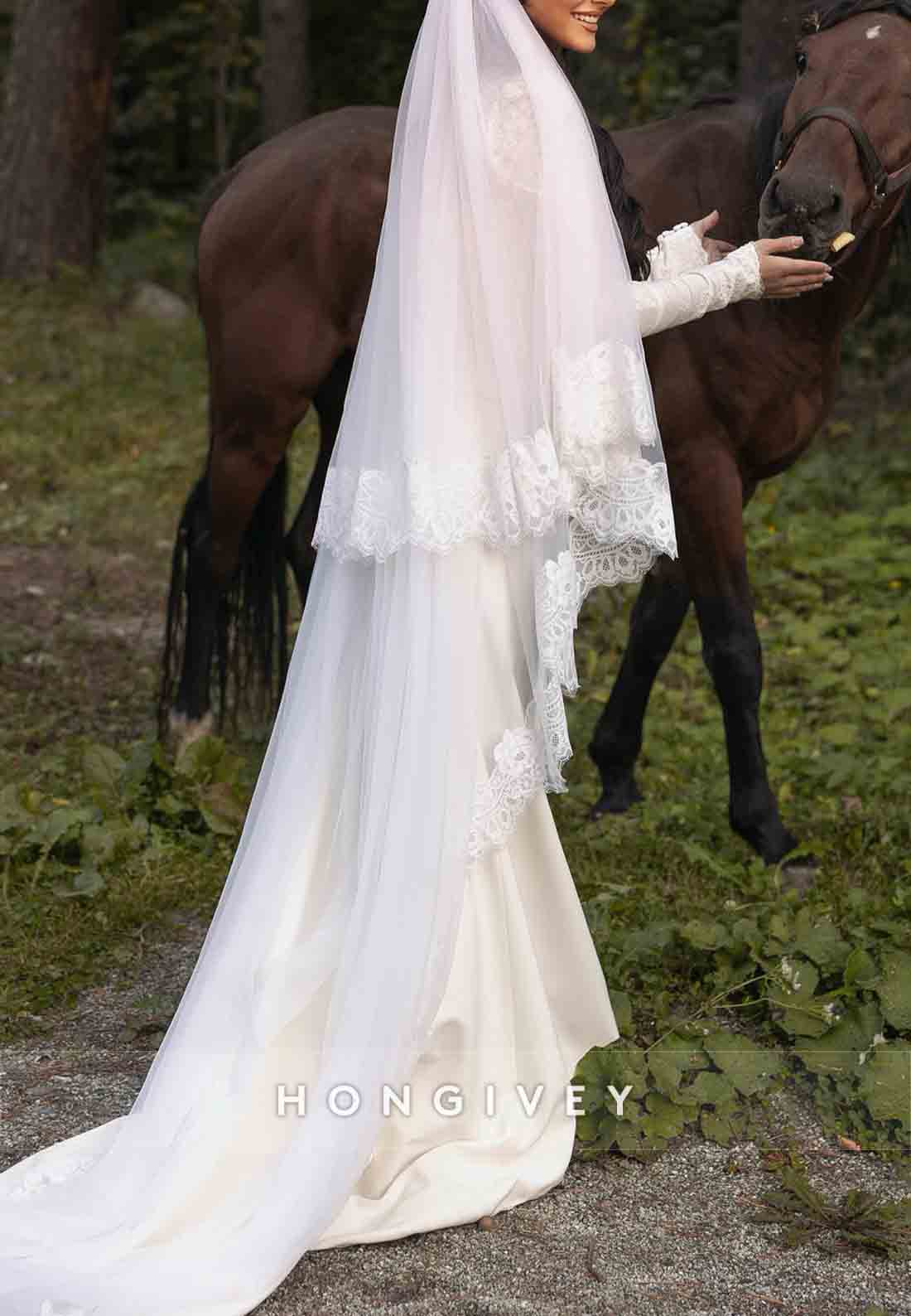 Long Sleeves High Neck Lace Court Train Trumpet Wedding Dresses