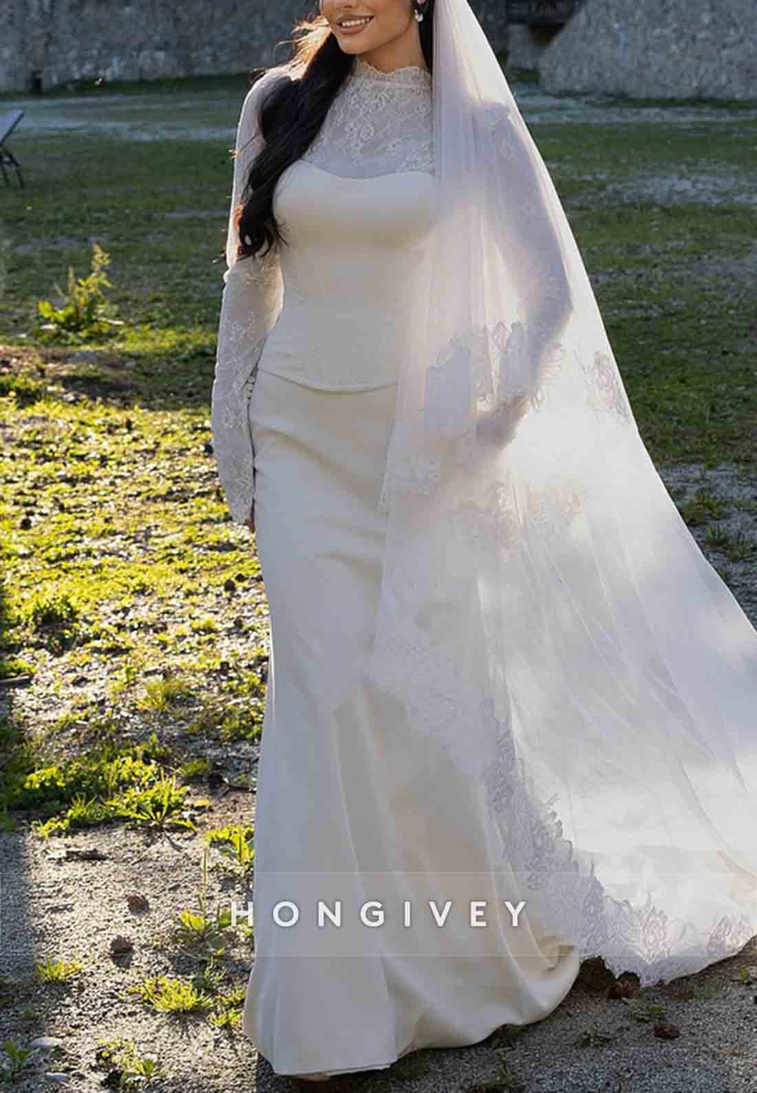 Long Sleeves High Neck Lace Court Train Trumpet Wedding Dresses