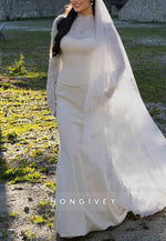 Long Sleeves High Neck Lace Court Train Trumpet Wedding Dresses