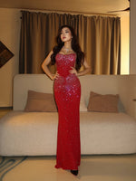 Sexy Red Strapless Sleeveless Mermaid Sparkle Sequins Floor-Length Prom Dress