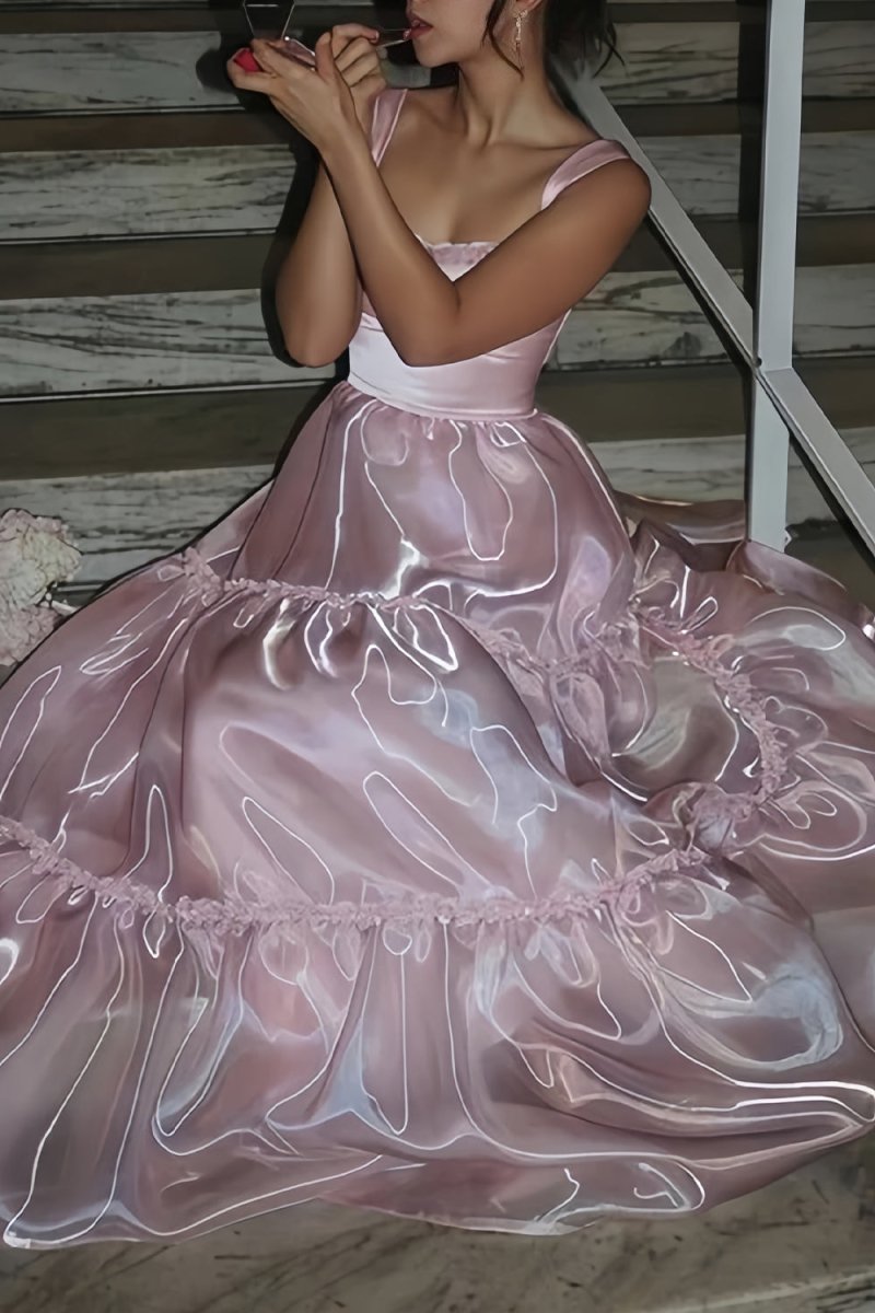 Pink - Square Neck A Line Organza Long Formal Prom Dresses With Lace