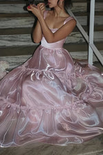 Pink - Square Neck A Line Organza Long Formal Prom Dresses With Lace