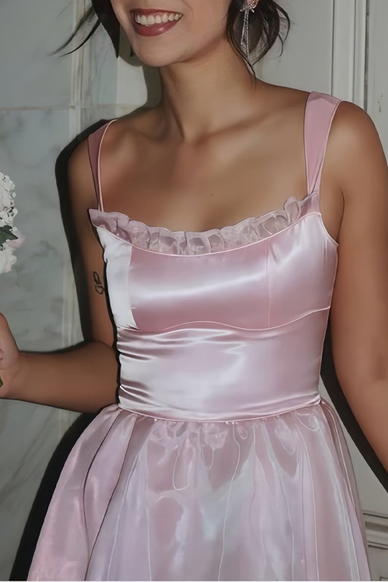 Pink - Square Neck A Line Organza Long Formal Prom Dresses With Lace