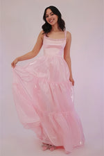 Pink - Square Neck A Line Organza Long Formal Prom Dresses With Lace