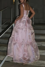 Pink - Square Neck A Line Organza Long Formal Prom Dresses With Lace