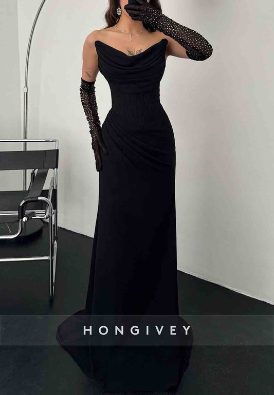 HIgh Slit Strapless Half Sleeves Column Floor-Length Pleated Evening Gowns