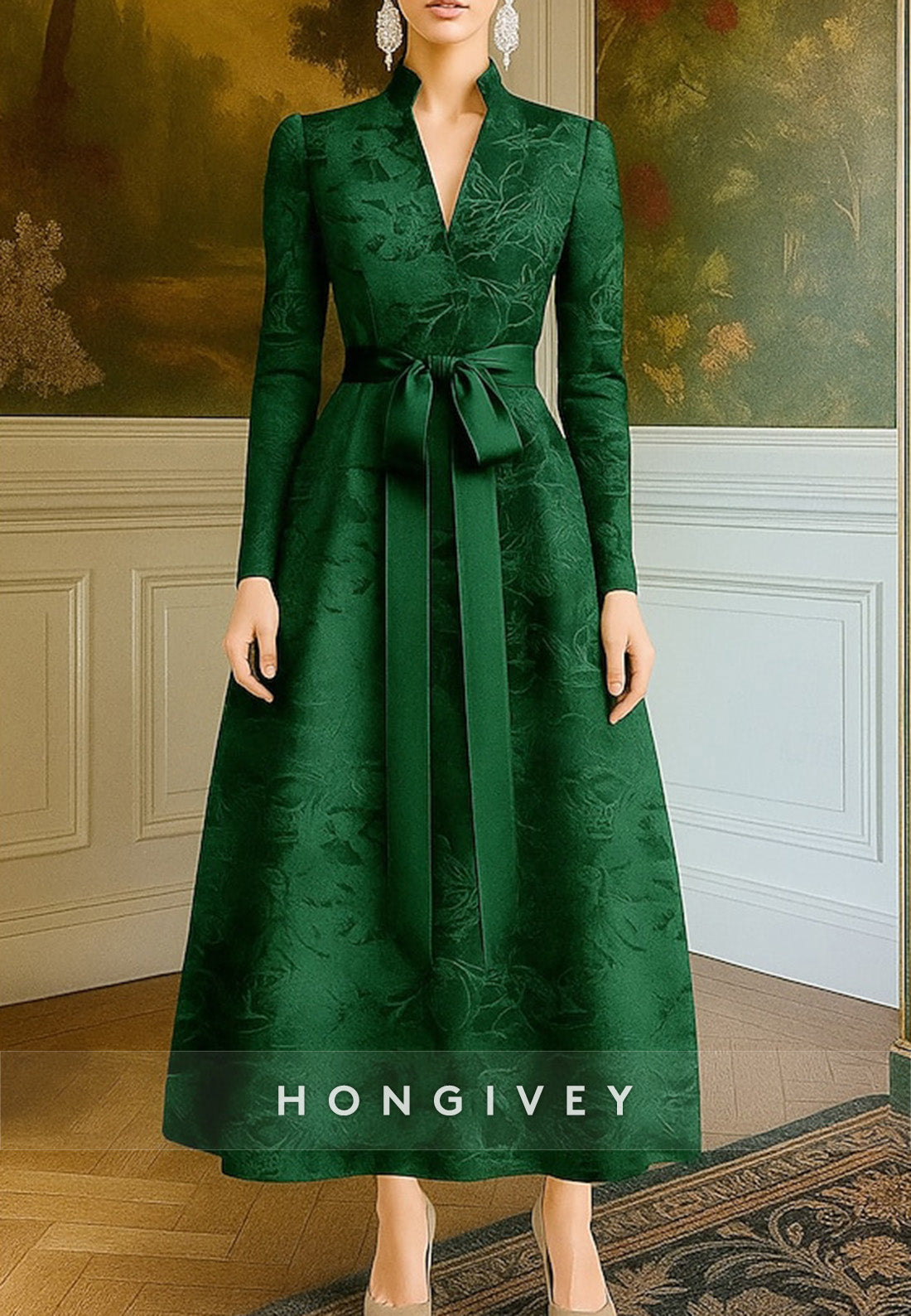 A-Line Evening Gown Long Sleeve V Neck Ankle-Length with Bowknot Mother of the Bride Dress