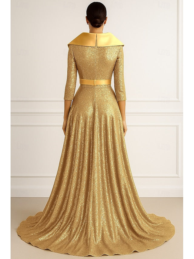 V-Neck Sequins Sparkle 3/4 Sleeve A-Line Floor-Length Evening Sleeve Side Slit