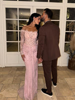 Luxury Beaded Off the Shoulder Lace Long Sleeve Mermaid Evening Dress