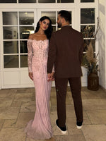 Luxury Beaded Off the Shoulder Lace Long Sleeve Mermaid Evening Dress