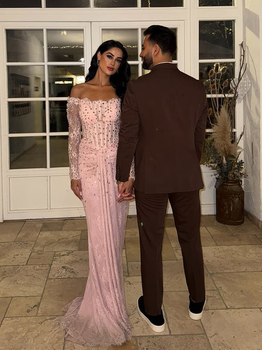 Luxury Beaded Off the Shoulder Lace Long Sleeve Mermaid Evening Dress