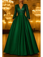 A-Line Floor Length Evening Gown Formal Dress Elegant Glittering Silky Long Sleeve V Neck Formal Wedding Pocket Satin Sequined with Glitter Pleats Pocket